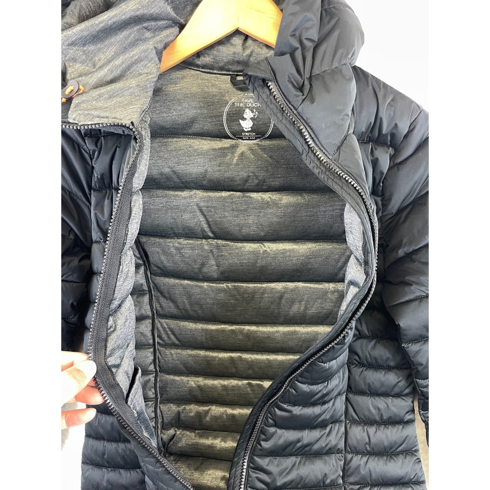 Save The Duck Women's 2 M Black Stretch Puffer Coat Long Hooded Parka Winter - Picture 15 of 16